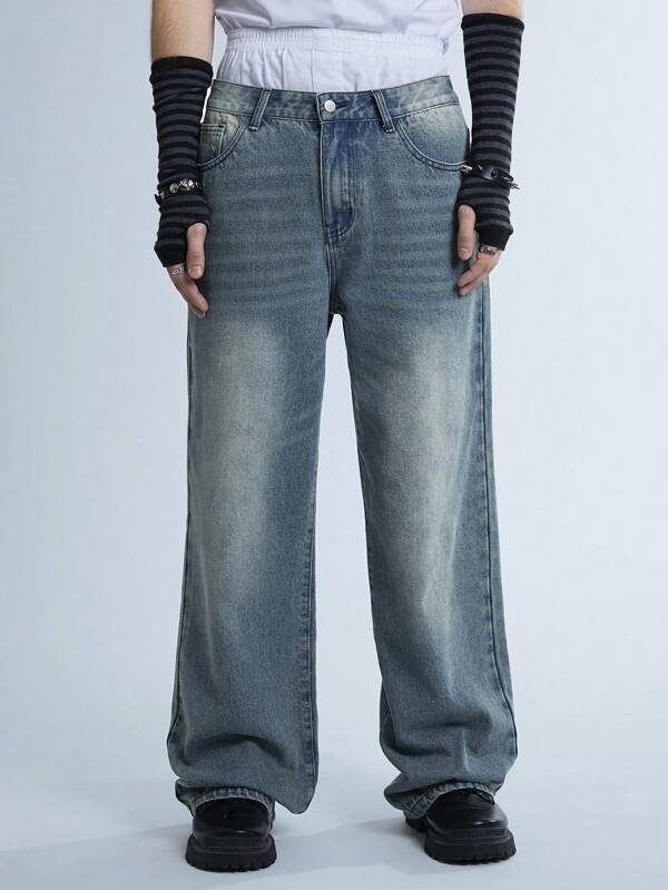 Manfinity Denimwave Men's Vintage Washed Wide Leg Baggy Jean, Plain Dark Blue Wide Jeans Long Distressed Jeans, For Husband, Boyfriend Gifts