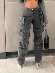 Women's Denim Effect Washed Multi-Pocket Cargo Pants - Dark Grey - View 4