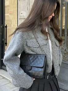 TRAFZA Women's Casual Faux Wool Jacket, Solid Color Lapel Long Sleeve Practical Pocket Loose Outerwear, Autumn/Winter - Grey - View 7