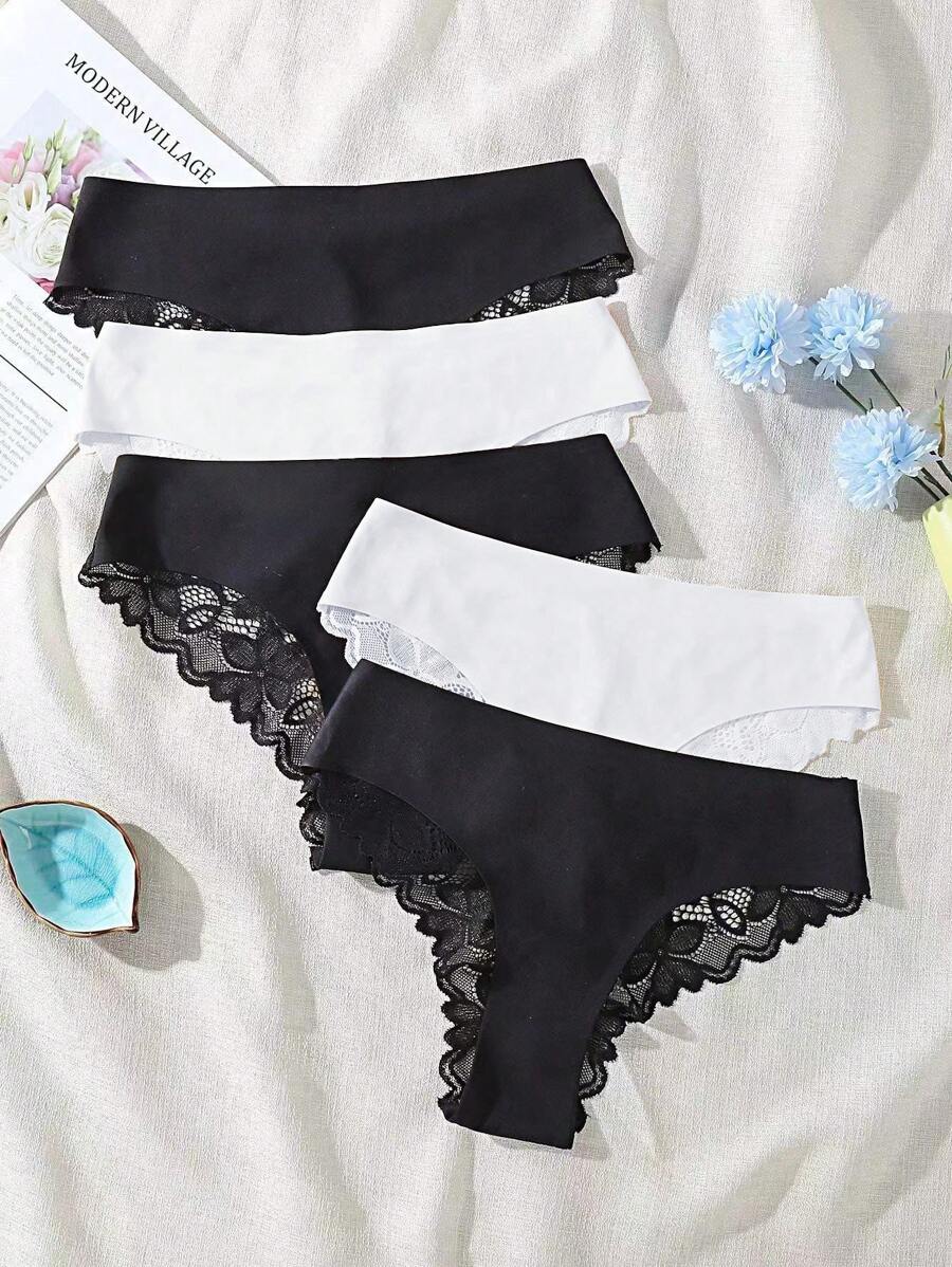 SHEIN Women's Solid Color Simple Lace Patchwork Daily Wear Triangle Bra And Panties Set,5 Pcs