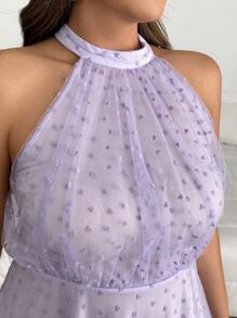 SHEIN Privé Plus Size Women's Cute Lavender Summer Sheer Polka Dot Dress With Heart Pattern,Wedding Guest Bow Tie Waist Dress For Dinner Parties - Mauve Purple - View 6