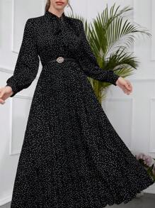 Modelyn 女士波尔卡圆点印花灯笼袖日常连衣裙长款女士套装长款晚礼服 - 黑色 - 查看 3