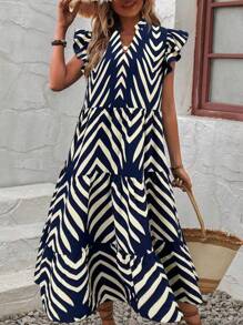 SHEIN LUNE Women's Floral Allover Print Full Sleeve Lace Hem Pleated Dress, Casual & Vacation Maxi Women Outfit