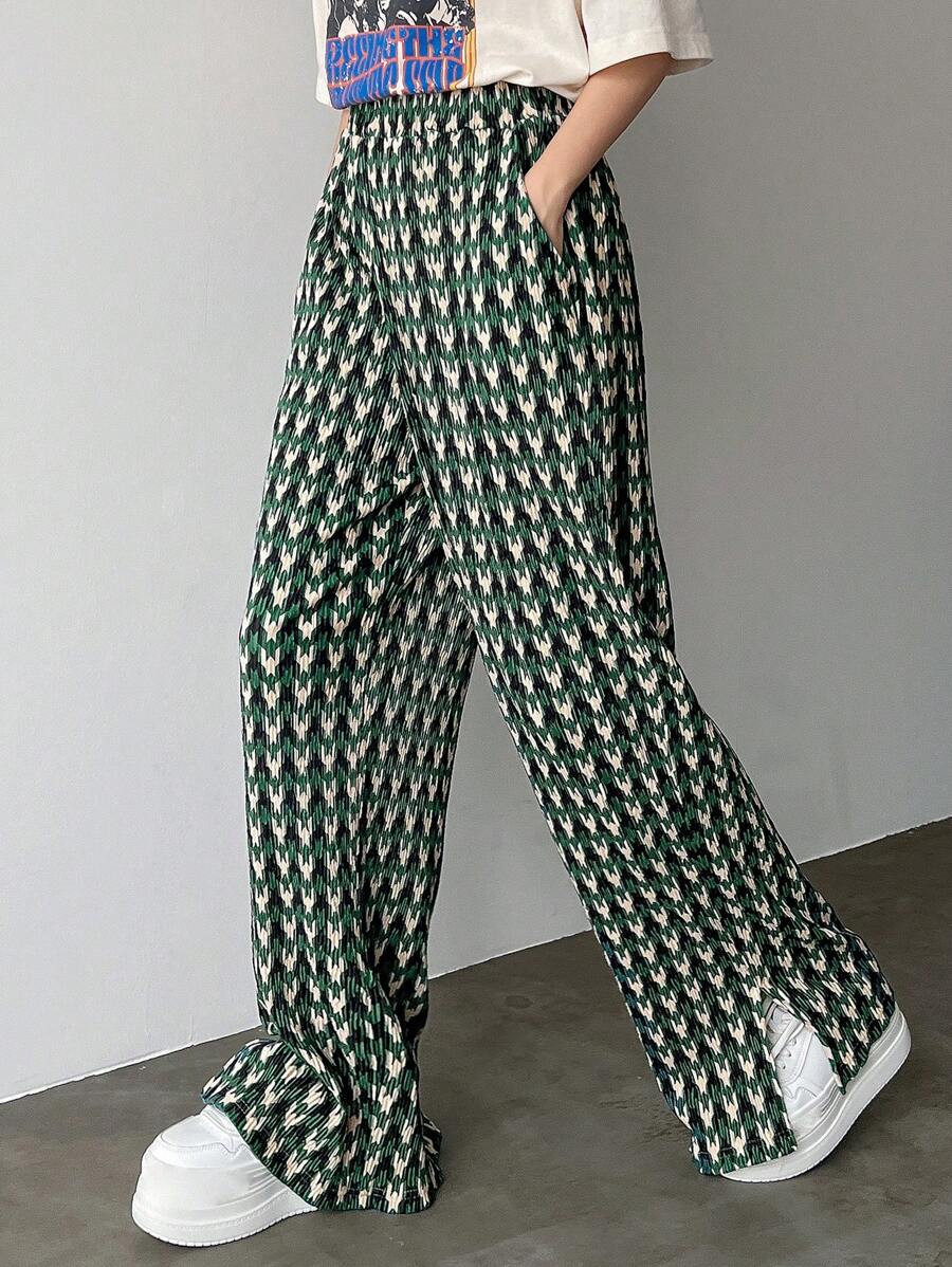 FRIFUL Women's Casual Straight Leg Pants With All-Over Print And Pockets - Green - View 1