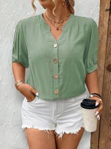 SHEIN LUNE Áo sơ mi ngắn tay thường ngày cổ chữ V có khía cỡ lớn, mùa hè - màu xanh lá - Xem 3