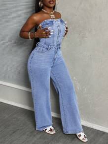 Slaydiva Women Strapless Denim Jumpsuit With Front Button Placket, Pockets, And Sleeveless Design - Light Wash - View 2