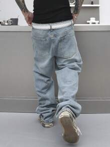 Manfinity EMRG 男式休闲宽松阔腿牛仔裤，配有腰带环和口袋 - 淺色水洗藍 - 查看 2