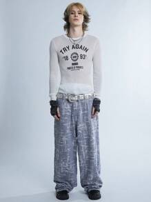 Manfinity Denimwave Y2K 复古街头风格男士针织牛仔破洞雪花拼布宽松牛仔裤