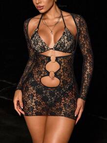 SHEIN Swim Damski 3-częściowy letni kwiat plażowy koronkowy zestaw bikini typu halter z bikini zakrywającym sukienkę