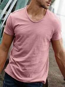 Men's Round Neck Solid Color Casual Short Sleeve Top For Summer