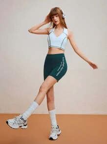 SHEIN Sports Letter Printed Summer Sports Shorts, Suitable For Outdoor Activities Spandex Short - Green - View 6
