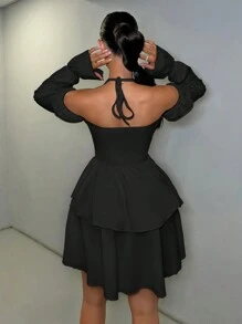 SHEIN SXY Holiday Vacation Beach Summer Multi-Layered Ruffles Oversized Skirt Women's Solid Color Simple Daily Ruffle Hem Dress