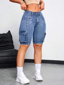 SHEIN ICON Women's Front Button Multi-Pocket Denim Shorts, For Daily Casual Wear - Medium Wash - View 4