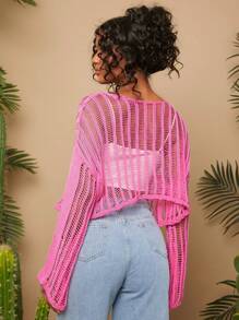 Travachic Solid Color Hollow Out Boat Neck Women's Long Sleeve Fall Women Sweaters For Vacation - Hot Pink - View 2