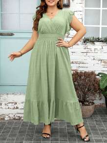 SHEIN Clasi Plus Solid Shirred Butterfly Sleeve Ruffle Hem Dress - Mint Green - View 3