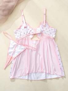 SHEIN مجموعة دعامة صدر مثيرة للنساء بحجم زائد مع طباعة عشوائية - وردي - مشاهدة 2