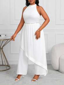 SHEIN Lady Plus Size Women's Summer Business Professional White Asymmetrical Jumpsuit - White - View 3