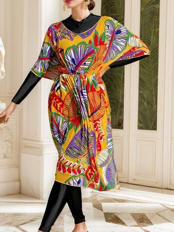 Swim Mulvari Cubre traje de baño de señoras, diseño impreso al azar, con licencia, planta tropical de hojas grandes y coloridas, cubre traje de baño de verano