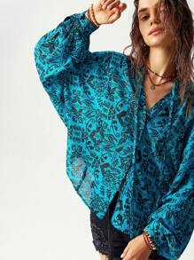 Bohemela Vacation Blue Retro Printed Loose Fit Women's Long Sleeve Shirt, Fall