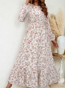 SHEIN Clasi Women's Round Neck Ditsy Floral Long Sleeve Holiday Dress Maxi Women Outfit