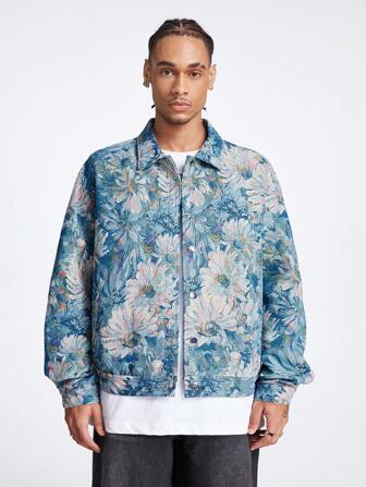 Manfinity RebelGame Men's Woven Color-Block Jacquard Loose Long Sleeve Floral Art Shirt Jacket & Outerwear, For Friends, For Fall Winter