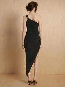 MONSE Mathilde Lhomme 设计师不对称褶皱连衣裙配肩带腰带，夏季优雅连衣裙，假期，节日