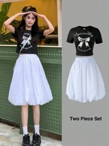 SHEIN 2 Stücke Set aus engem kurzen T-Shirt und Bud Rock für Teenager Mädchen, Schleifenmuster, Sommer