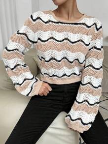 SHEIN LUNE Women's Round Neck Long Sleeve Cropped Hollow Out Sweater, Casual Daily Wear, Knit Pullover Fall Winter - Multicolor - View 6