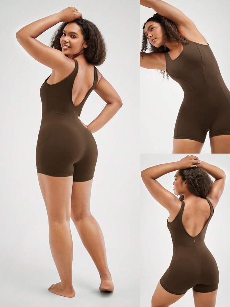 4.3" FeatherFit™ Tummy Control Side Pockets Romper Bodysuit U-Back Non-Slip Pocket Light Support Low Impact Yoga Pilates Studio Gym Daily