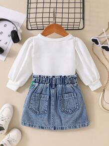 寶寶女孩長袖衛衣和牛仔拼接裙套裝，秋季 - 白色 - 查看 2