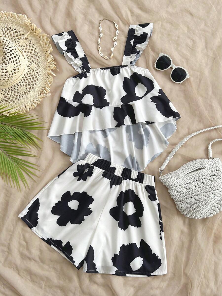Soleia Women's Holiday Style Cap Sleeves Asymmetrical Hem Loose Tank Top Shorts Black And White Large Flower Print Graduation Season Wedding Season Cute Lunch Summer Babydoll Two-Piece Suit - Black and White - View 1