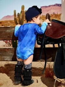 SHEIN 寶寶女童藍色有趣搖滾酷印花美西鄉村風格可愛日常休閒連體衣，秋季 - 彩色 - 查看 2