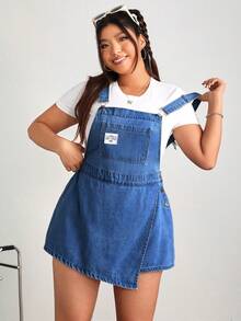 SHEIN EZwear 大码休闲水洗牛仔连身裙，带刺绣细节，夏季 - 中等水洗藍 - 查看 5