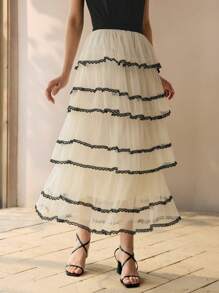 MOTF PREMIUM CONTRAST LACE RUFFLE LAYERED SKIRT - White - View 7