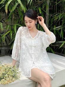 EastFlair 風提花扣釦休閒上衣和短褲套裝