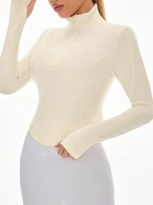 SHEIN Sports Women's Solid Color Zipper Half Placket Long Sleeve Slim Fit Yoga Sports Sweatshirt - Apricot - View 1