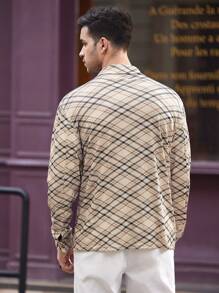 Manfinity VCAY Men's Knitted Loose Plaid Shacket With Drop Shoulder And Lapel, Suitable For Spring And Autumn Seasons