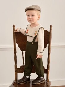 Souflis Souflis 2 件套男婴法国复古乡村狐狸和蘑菇刺绣图案长袖上衣和裤子套装，适合外出