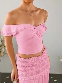 PARTHEA Off Shoulder Ruched Twist Fron Crop Top & Low Waist Ruffles Skirt Set - Pink - View 5