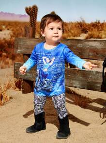 SHEIN 寶寶女童藍色有趣搖滾酷印花美西鄉村風格可愛日常休閒連體衣，秋季 - 彩色 - 查看 6