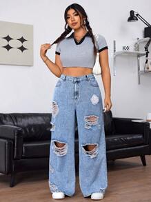 SHEIN EZwear Plus Size Casual Wide-Leg Distressed Washed Boyfriend Jeans - Blue - View 4