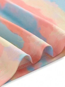 SHEIN Conjunto de 2 piezas de niña joven con camiseta de manga corta deportiva y pantalones cortos con patrón asimétrico y degradado de colores - Rosa - Ver 4