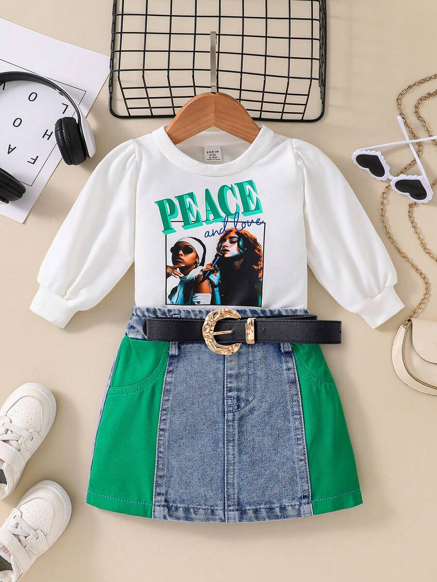 寶寶女孩長袖衛衣和牛仔拼接裙套裝，秋季 - 白色 - 查看 1