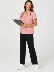 TaskEZ Solid Color V-Neck Casual Short-Sleeved Uniform Scrub Top For Summer - Pink - View 3