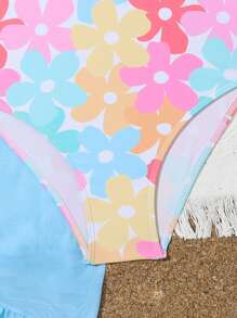 Young Girl One Piece Swimsuit With Colorful Floral Print And Ruffle Skirt - Multicolor - View 3