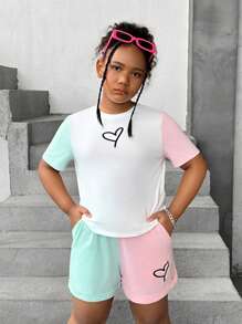 SHEIN Tween Girls Extended Size Loose Casual Round Neck Pullover Letter Printed T-Shirt And Pants Set With Color-Blocking Design - Multicolor - View 1