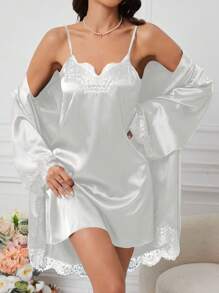 Conjunto de camisón y bata de dormir con encaje blanco en tono sexy - Blanco - Ver 1