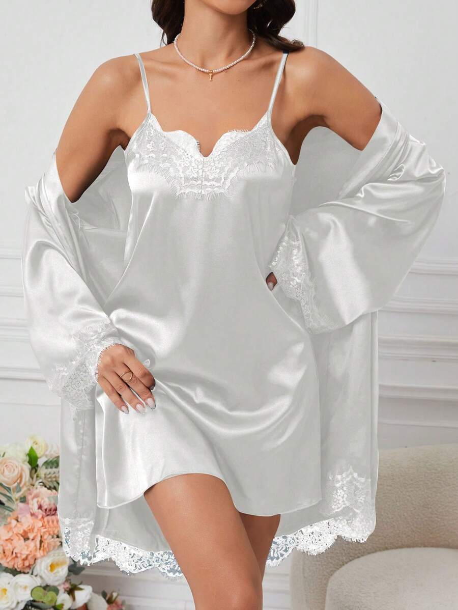 Conjunto de camisón y bata de dormir con encaje blanco en tono sexy - Blanco - Ver 1