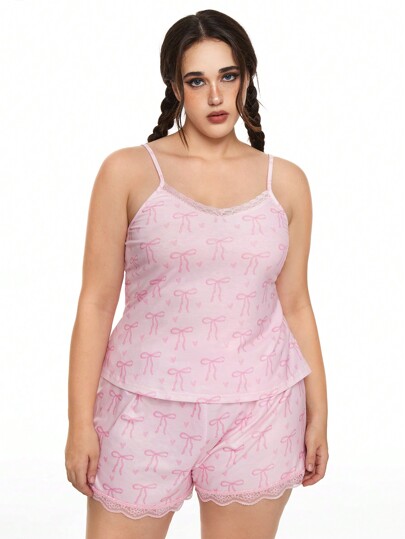 Kawaii Romantic Heart Butterfly & Floral Lace Spliced Plus Size Cami Pajama Set