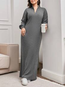 RueChic Plus Long Knit Sweater Dress With Zipper, For Winter - Grey - View 3